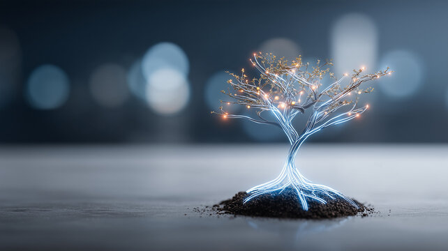 A glowing tree with digital roots representing sustainable technology and environmentally responsible innovation.
