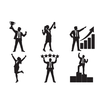 Business Success and Achievement Silhouette Collection Vector, Trophy, Growth, Five Star Rating and Career Success.