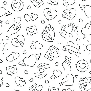 Seamless pattern with heart. Black and white thin line icons