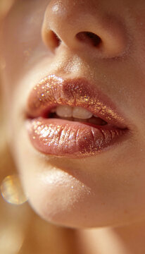 Close-up of a woman with glossy glitter lipstick and slightly parted lips. Warm sunlight reveals skin texture and sparkling makeup. Beauty concept for cosmetics.