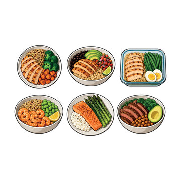 Healthy Meal Prep Bowl Collection Vector, Grilled Chicken, Salmon, Shrimp, Vegetables and Protein Meals.
