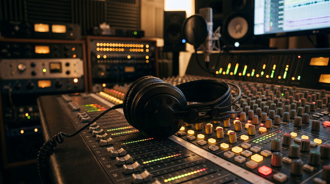 Professional sound recording studio control room with mixing console and headphones