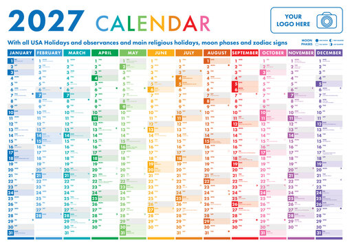 2027 Calendar - illustration. Template. Mock up. English version with Holidays, Lunar Phases and Zodiac Signs