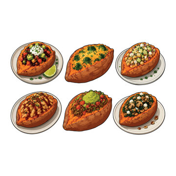 Loaded Sweet Potato Collection Vector, Stuffed Baked Sweet Potatoes with Beans, Avocado, Vegetables and Mushrooms.