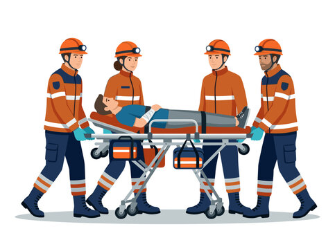 Vector flat design illustration of emergency rescue team carrying patient on stretcher