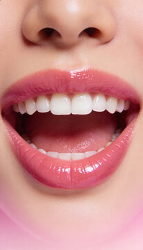 Close-up of a woman smiling with glossy pink lips and white teeth. Her open mouth highlights oral beauty and dental care. Beauty, wellness, and dentistry concept.