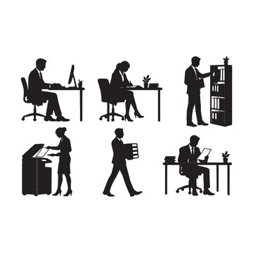 Office Worker Silhouette Collection Vector, Business Professionals Working at Desk, Filing and Printing.