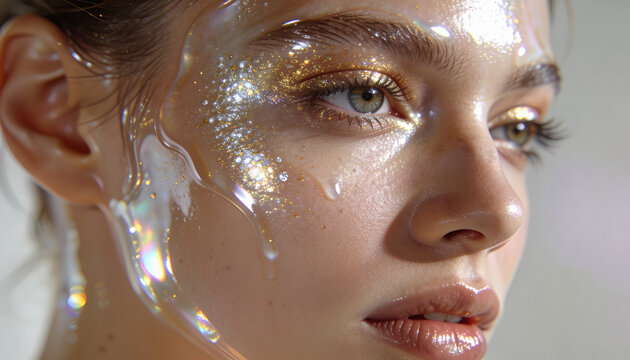 Woman with glitter makeup and liquid reflections across her face. Dramatic beauty portrait highlights luminous skin and detailed eyes. Futuristic cosmetic concept.