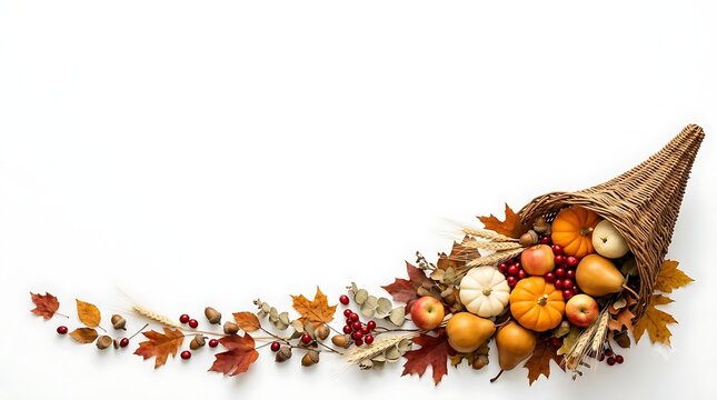 Autumn cornucopia with pumpkins and leaves isolated on white background