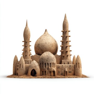 Traditional Sudano-Sahelian Sand Sculpture Landmark Palace Isolated on White Background