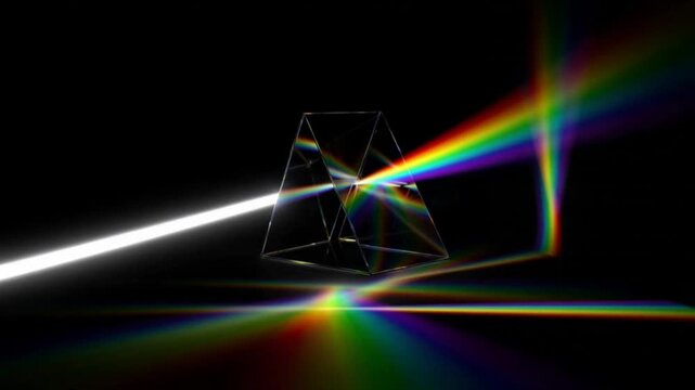 A mesmerizing glass prism refracting a focused white light beam into a brilliant rainbow spectrum, demonstrating optical dispersion in a dark void.