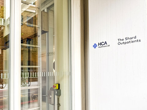 London, England, UK - 16 May 2026: Entrance to The Shard outpatients in Southwark. The clinic is operated by HCA Healthcare UK.