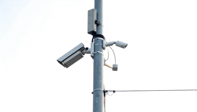 Security Cameras Mounted on a Tall Metal Utility Pole for Surveillance