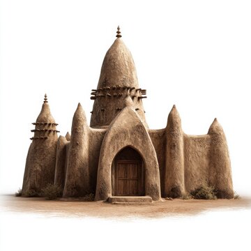 Traditional African Sudano-Sahelian Mud Brick Architecture Mosque Isolated on White Background