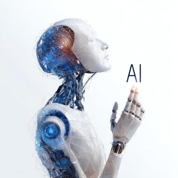 Futuristic Female Humanoid Robot Displaying AI Text Concept Isolated on White Background
