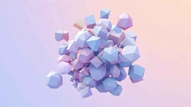 An abstract cluster of low-poly geometric shapes, including cubes, pyramids, and icosahedrons, floating gracefully against a soft pastel gradient background.