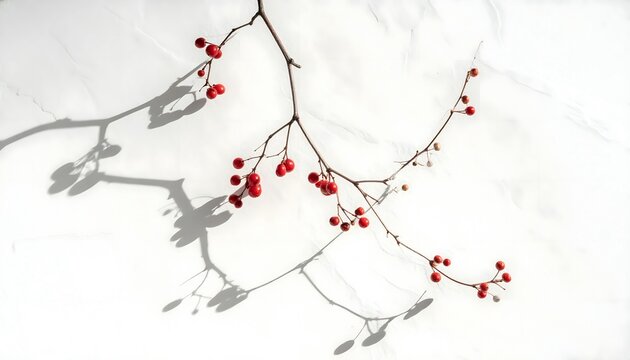 Minimalist Image of Red Berries on Twisted Branch Casting Shadows on White Surface