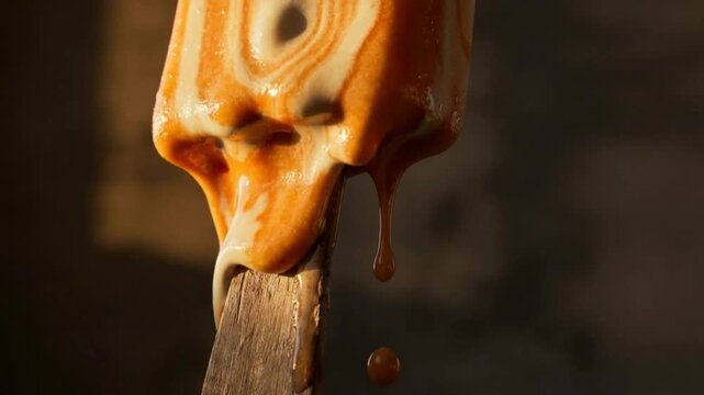 Close-up of a delectable orange and vanilla swirl ice cream bar slowly melting and dripping down its wooden stick, creating a mouth-watering and tempting summer treat.