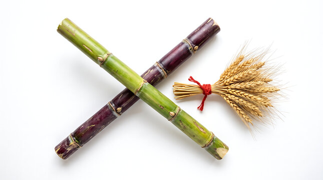 Traditional makar sankranti and pongal sugarcane wheat harvest symbols