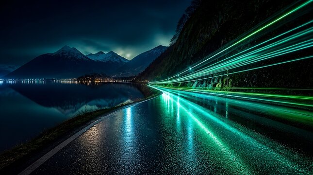 background Futuristic light trails on a wet mountain road at night, glowing cyan neon streaks on asphalt highway, long exposure motion blur in a dark alpine landscape with lake and snowy peaks
