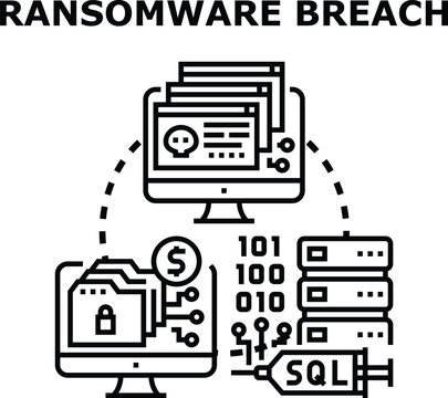 Ransomware breach incident infecting a computer system, a skull malware warning, locked files, data servers, binary code, and an sql injection attack concept
