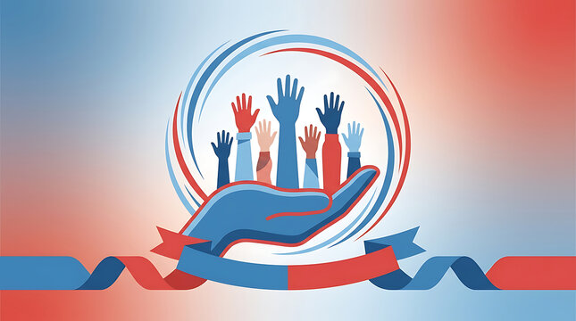 People raising hands with a big hand icon for community and unity