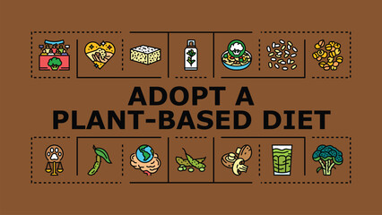 Obraz premium Adopt a plant-based diet banner infographic. Grains protein, health ecofriendly, organic vegan icon vector illustration
