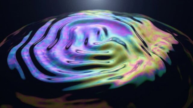 Macro 3D render of a vibrant iridescent soap-bubble-like membrane rippling and undulating with fluid motion on a dark background.