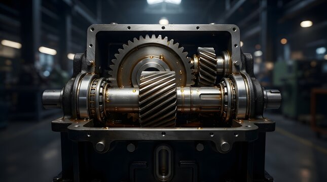 Close up of an open industrial gearbox with metal gears and oil lubrication in a manufacturing factory