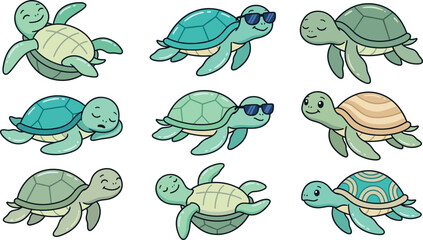 Obraz premium Cute Sea Turtle Cartoon Vector Character Set Featuring Swimming Sleeping Wearing Sunglasses And Floating Marine Tortoise Icons Isolated On White Background