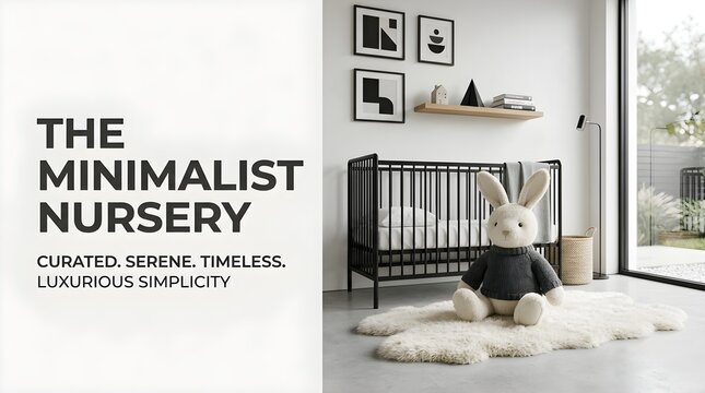 Bright coastal baby nursery interior with a plush bunny toy sitting inside a woven bassinet, wooden crib, and seaside window view