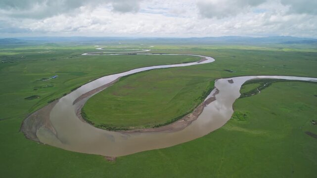 High-Angle Aerial Panoramic View of Meandering Baihe River and Sea of Clouds in Zoige Grassland: Yellow River Upper Reaches, Winding Stream, Earth Texture, Meadow and Horizon Background