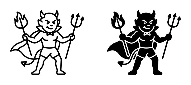 Cartoon Devil Icons, Impish Character Vector Art, Fiery Pitchfork Symbol, Spooky Halloween Graphic, Black and White Devil Illustration