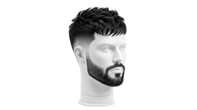 Modern mens haircut on mannequin head, stylish male fade hairstyle with beard, professional barber shop hair display on white background
