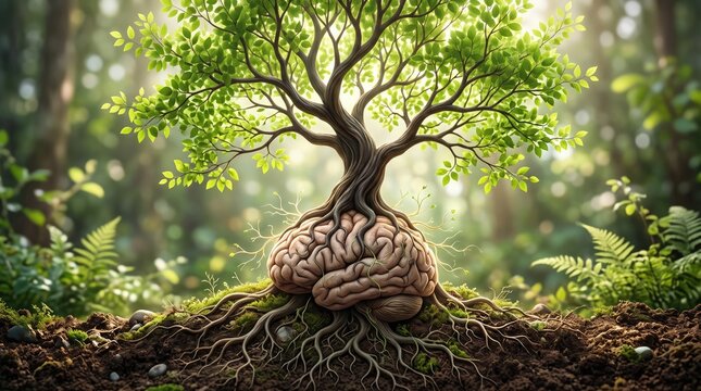 A breathtaking magical forest reveals a majestic tree with roots intricately shaped like a human brain concept art