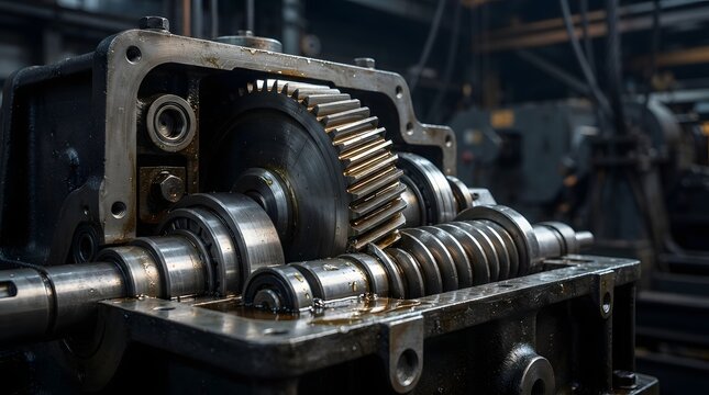 Close up of an industrial elevator traction gearbox with exposed metal gears in a factory setting