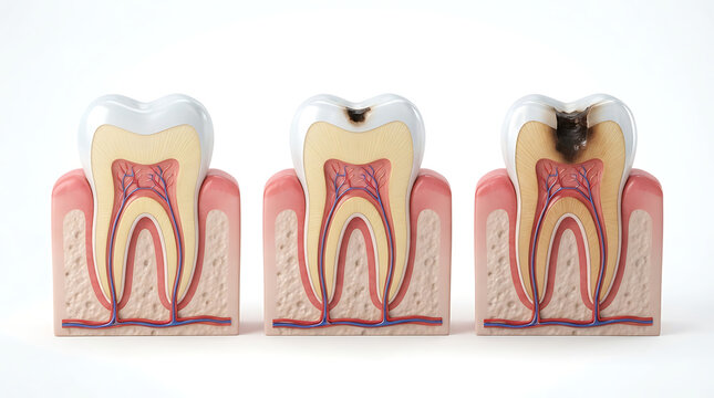 Dental Tooth Decay Progression Stages from Healthy Tooth to Advanced Cavity, Dental Disease Development and Oral Health Education Illustration
