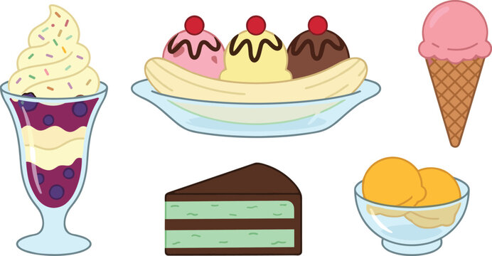 Ice Cream Sundae and Frozen Dessert Vector Set with Banana Split, Soft Serve Parfait, Waffle Cone, Mint Chocolate Cake Slice, and Sorbet Bowl For Parlor Menus