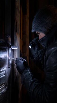 Hooded intruder using tools for a nighttime lock picking break in at a residential house
