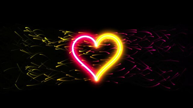 Glowing Neon Heart Symbol with Shimmering Particle Trails on a Pitch Black Studio Background Loop