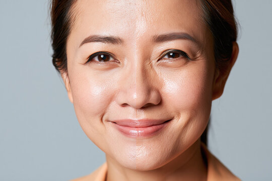 Smiling Asian woman close up skin texture wrinkle expression confident serene