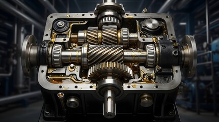 Fototapeta premium Industrial gearbox with exposed helical gears and lubricated mechanical components in a factory setting