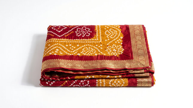 Navratri durga puja traditional bandhani saree with gold zari border
