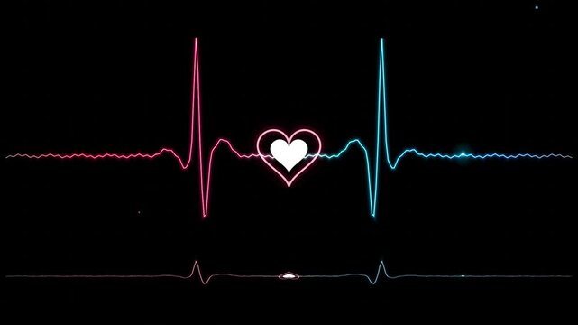 Glowing Neon Heartbeat Waveform Animation Featuring Vibrant Red And Blue Light Pulse On Dark Backgro
