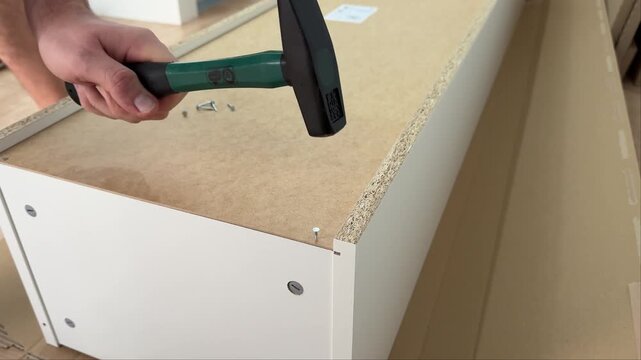 Man hammering a single nail into the corner of a white cabinet back panel during furniture assembly. Close-up of hands driving one nail with a hammer into a cabinet back panel at home.