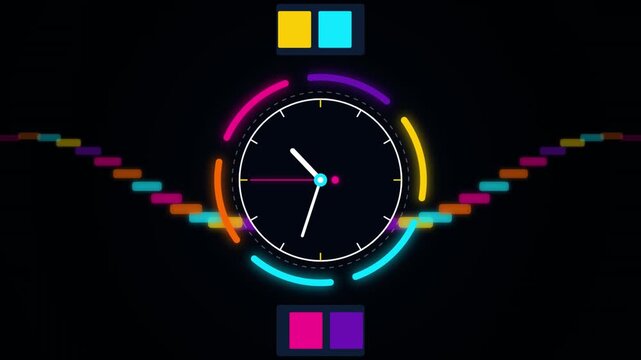 Minimalist digital clock animation with rhythmic glowing neon bars and colorful wave patterns black
