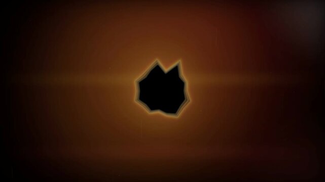 Abstract black geometric shapes with glowing outlines appear and disappear dynamically over a warm, dark, retro film grain background with organic light leaks and lens flares, creating a moody, cin...