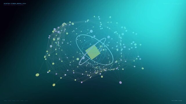 Futuristic abstract data network visualization with glowing interconnected dots and lines, showcasing an orbiting central cube and rings, representing artificial intelligence, big data processing,...