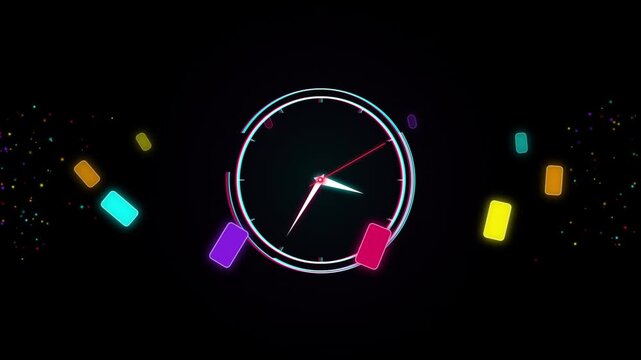 Neon Digital Clock Animation With Glowing Colorful Rounded Rectangles On A Dark Black Background