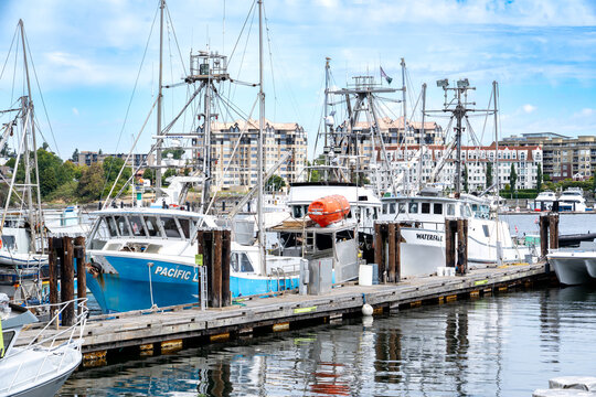 Victoria British Columbia Canada, July 23 2025: Fishing boats moored on wooden dock along the inner harbour.
